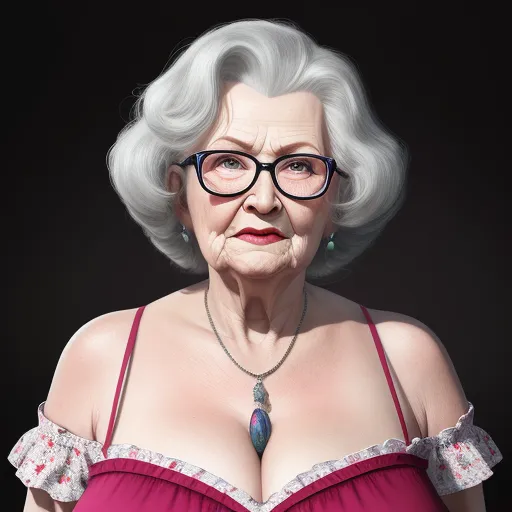 text-to-image ai generator - a woman with glasses and a necklace on her neck is wearing a red dress and a necklace with a blue bead, by Daniela Uhlig