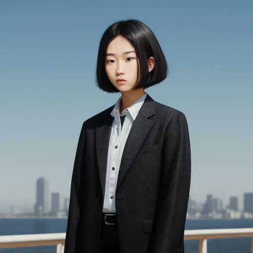 make image higher resolution - a woman in a suit standing on a balcony near the ocean with a city in the background, wearing a tie and a suit, by Terada Katsuya
