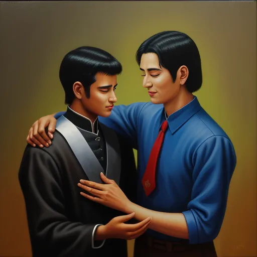 a painting of two men in blue shirts and ties hugging each other with their arms around each other,, by Liu Ye