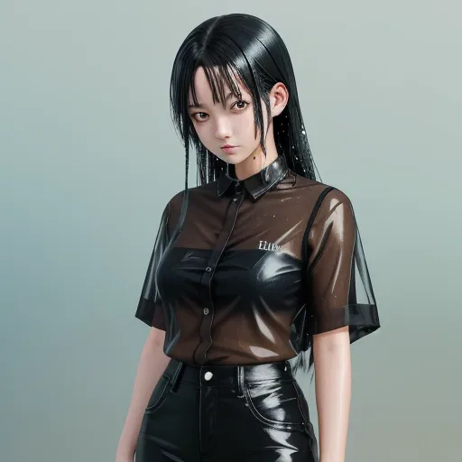 4k picture converter free - a woman with black hair and a black shirt and black pants and a black belt and a black shirt, by Terada Katsuya