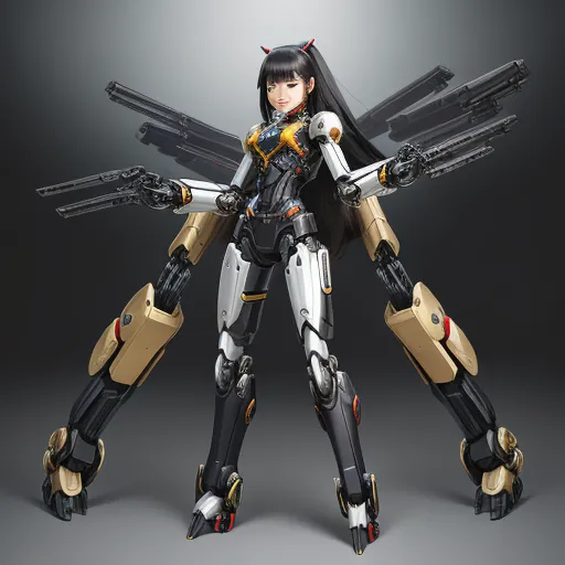 ai-generated images - a woman in a futuristic suit with guns on her shoulder and arms outstretched, standing in front of a gray background, by Terada Katsuya