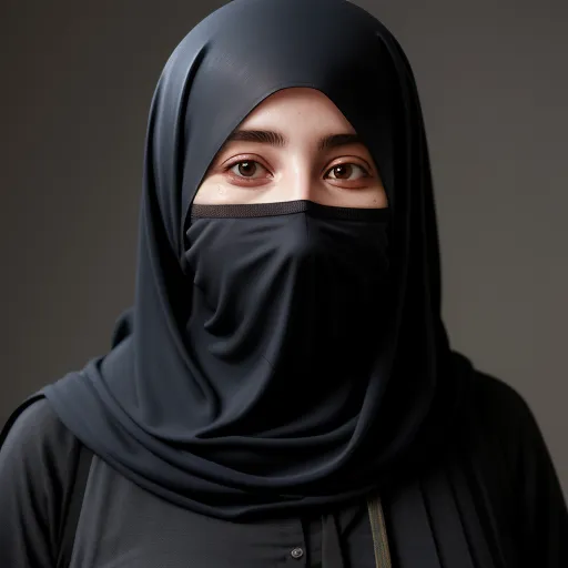 convert to high resolution - a woman wearing a black hijab and a black head scarf on her head and looking straight ahead, by Hugo van der Goes
