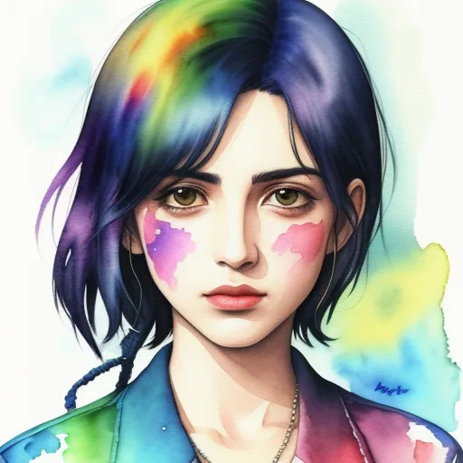 text image generator ai - a drawing of a person with a rainbow hair and a shirt on and a necklace on their neck and a necklace on their neck, by Taiyō Matsumoto