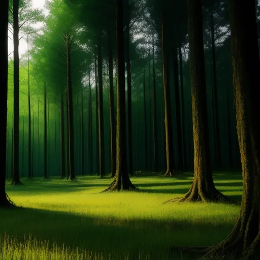 a green forest with tall trees and grass on the ground and a few green plants on the ground and a few trees in the background, by Janek Sedlar