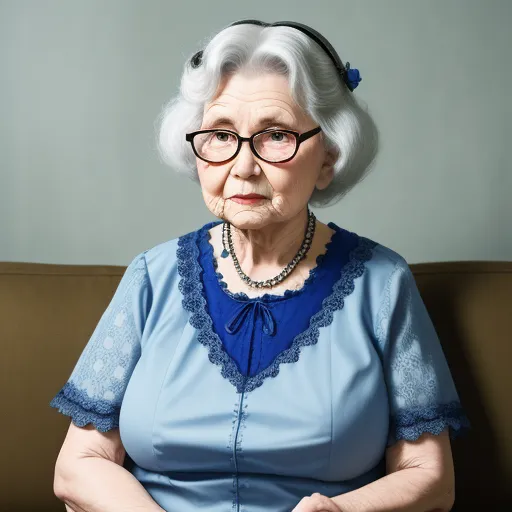 an old woman with glasses sitting on a couch with her hands folded out and looking at the camera with a serious look on her face, by Alec Soth