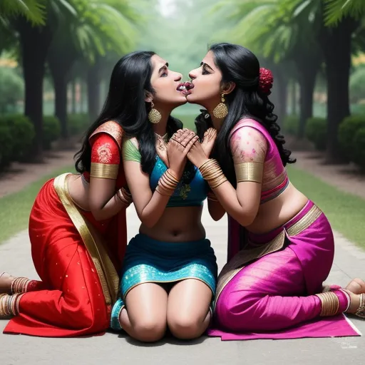 two women sitting on the ground kissing each other with trees in the background photo by artmager com, by Raja Ravi Varma