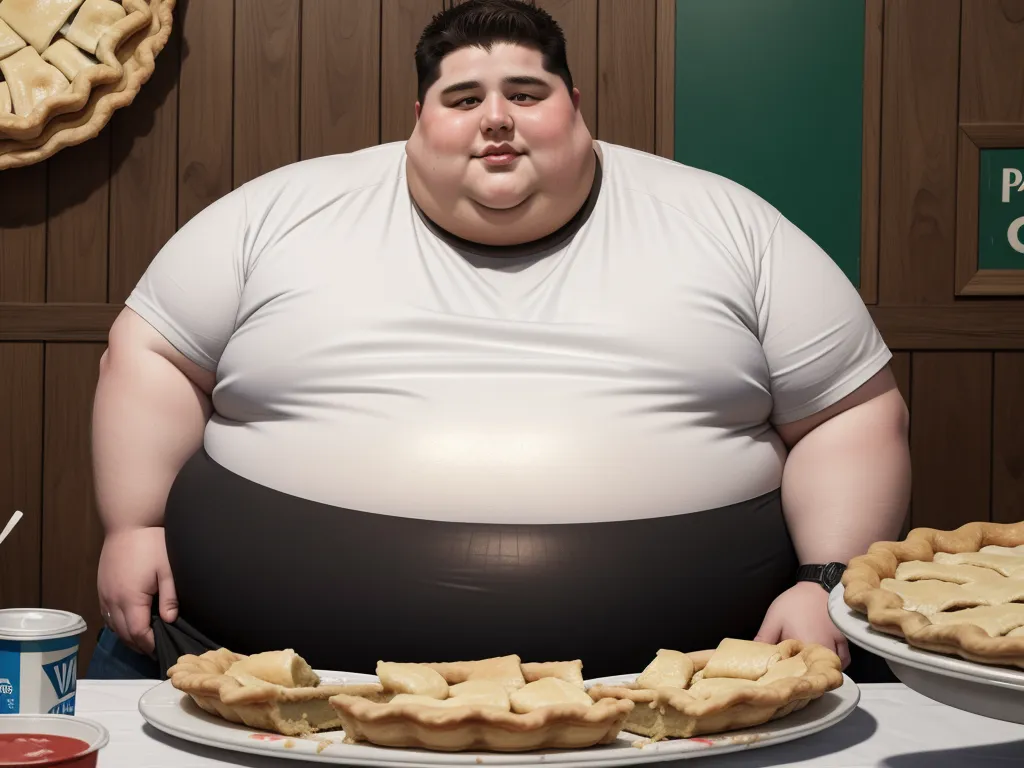 ai that can generate images - a fat man standing in front of a table with pies and pies on it, and a giant man in a white shirt, by Botero