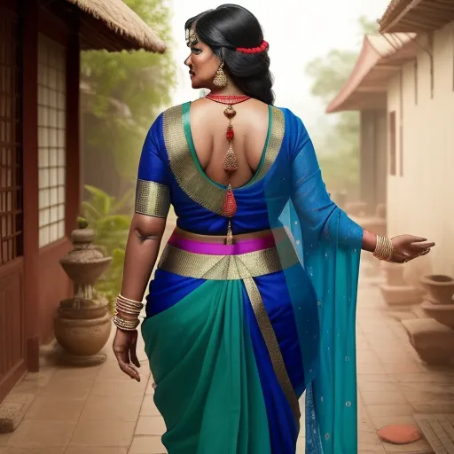 convert to high resolution - a woman in a blue and green sari walking down a street with a house in the background and a woman in a red and blue sari, by Raja Ravi Varma