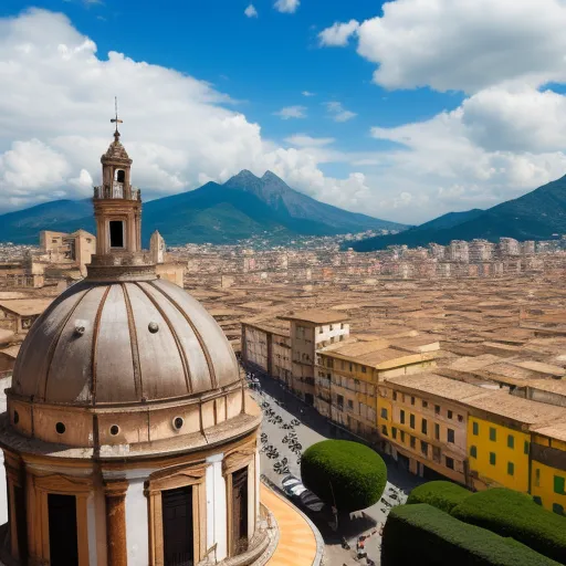 a view of a city with a dome and mountains in the background, from a high point of view, by Giuseppe Bernardino Bison