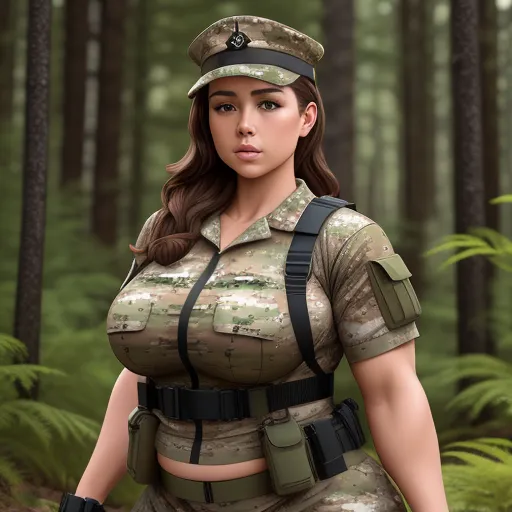 1080p to 4k converter picture - a woman in a uniform is standing in the woods with a gun in her hand and a hat on her head, by Terada Katsuya
