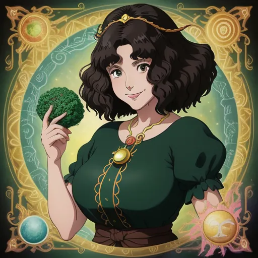 a woman in a green dress holding a broccoli in her hand and a golden chain around her neck, by Rumiko Takahashi