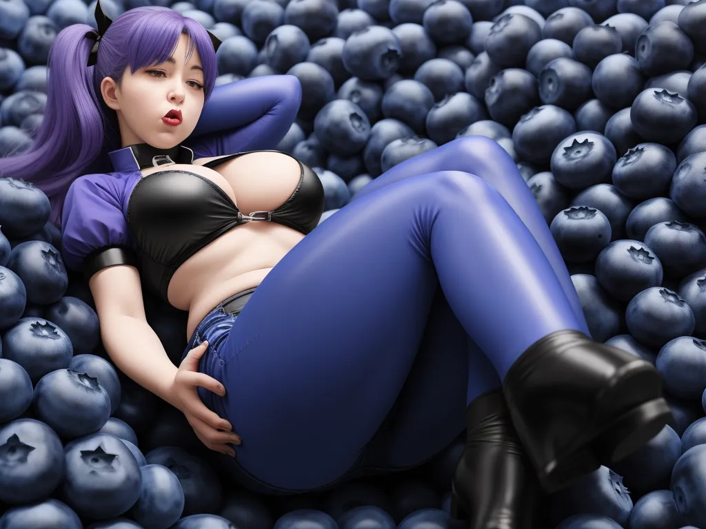 animated image ai - a woman in a black top and blue pants laying on blueberries with her hands on her head and her eyes closed, by Hiromu Arakawa