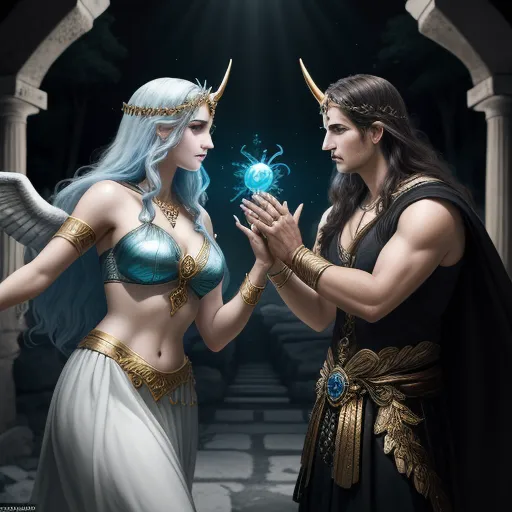 a painting of two women dressed as the goddesss, one holding a ball and the other holding a crystal ball, by Tom Bagshaw