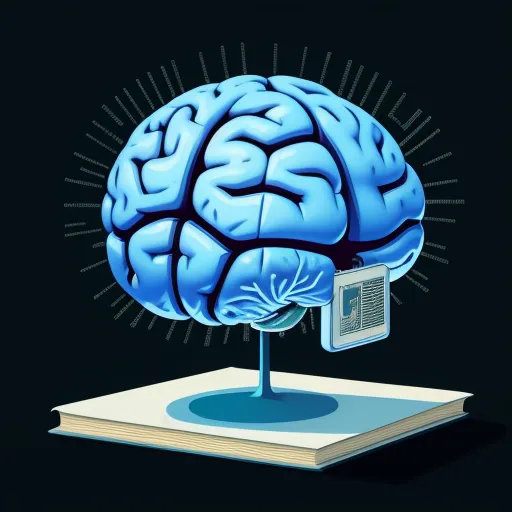 a book with a blue brain on top of it and a black background with a light shining on it, by Art Spiegelman