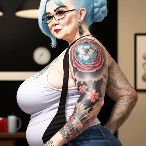 how to fix low resolution photos - a woman with a tattoo on her arm and a tattoo on her arm and shoulder, standing in a room, by Akira Toriyama