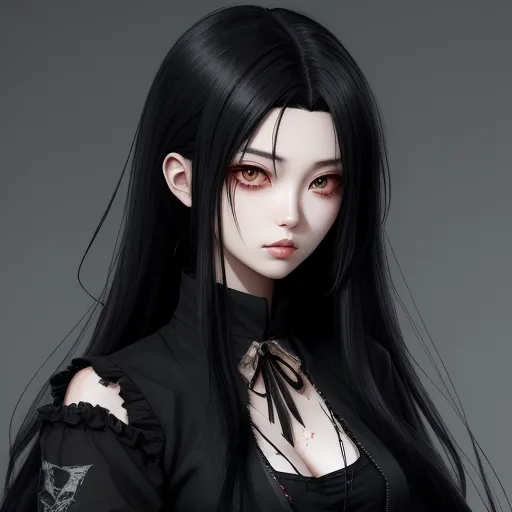 a woman with long black hair and a black shirt with a skull on it's chest and a black collar, by Hanabusa Itchō