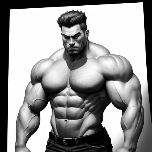 a man with a muscular body and no shirt on, standing in front of a white background with a shadow, by Joe Madureira