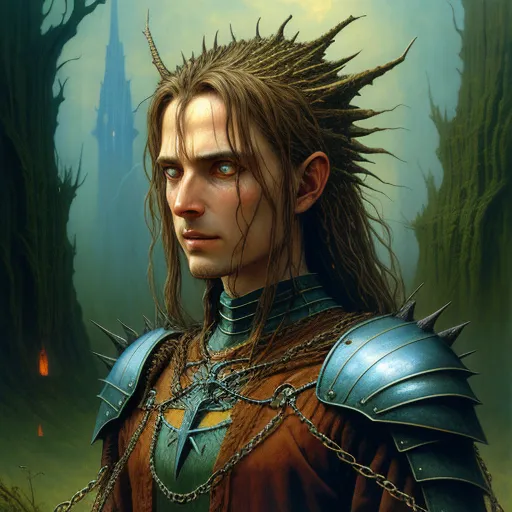 a man with spiked hair and a chain around his neck and shoulders, wearing a leather armor and chain around his neck, by Antonio J. Manzanedo