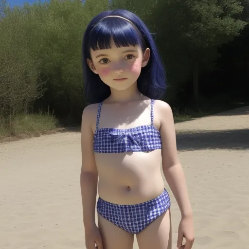 a doll with blue hair and a blue bikini on a beach with trees in the background and sand in the foreground, by Terada Katsuya