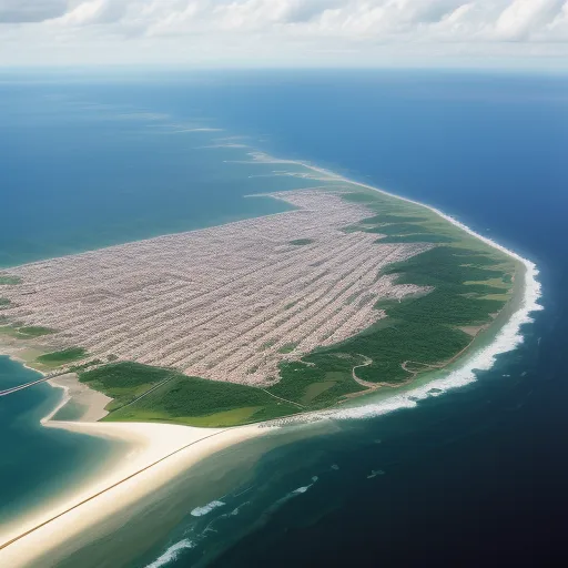 an island with a lot of houses on it in the middle of the ocean with a beach in the middle, by Andreas Gursky