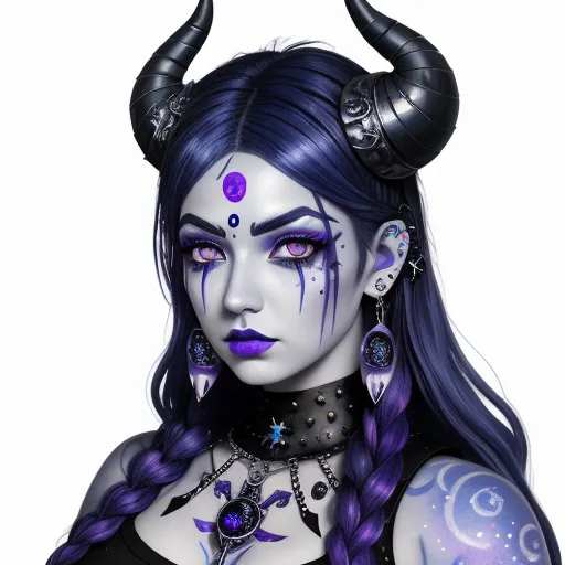 a woman with horns and purple hair wearing a black dress and purple makeup and a purple wig with horns, by Daniela Uhlig