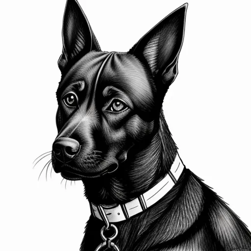 turn a picture into high resolution - a black dog with a collar and a leash on it's neck is looking at the camera with a sad look on his face, by Alison Kinnaird