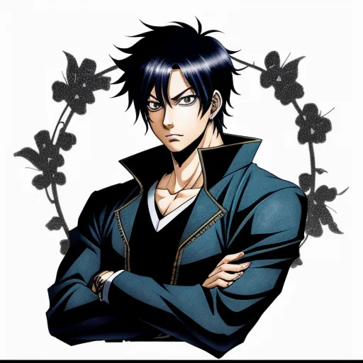 a man with his arms crossed and a flower in the background with a white background and a black jacket, by Toei Animations
