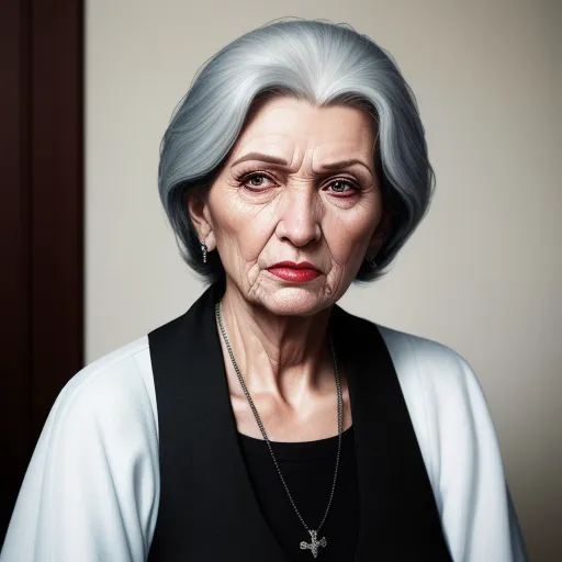 a woman with grey hair and a cross necklace on her neck, wearing a black top and a white cardigan, by Gottfried Helnwein