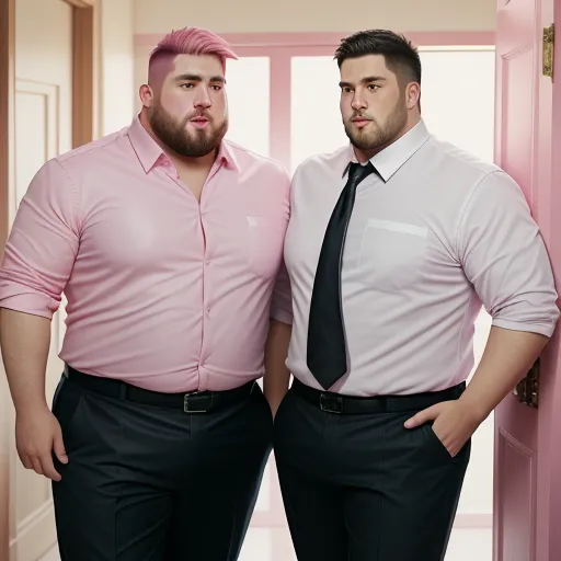 two men in pink shirts and black ties standing next to each other in a hallway with pink walls and doors, by Hendrik van Steenwijk I