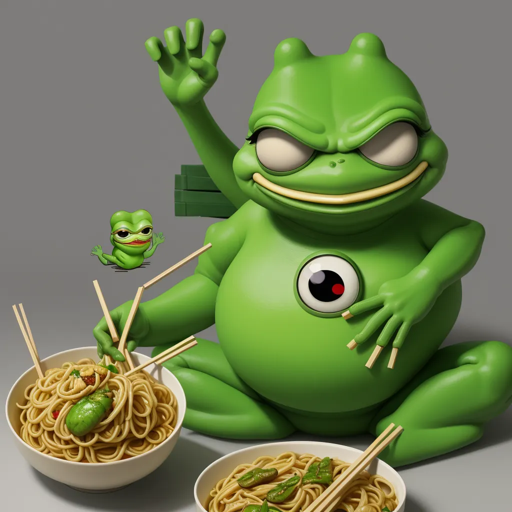 a frog sitting on the ground with two bowls of noodles in front of him and a frog sitting on the ground behind him, by Akira Toriyama