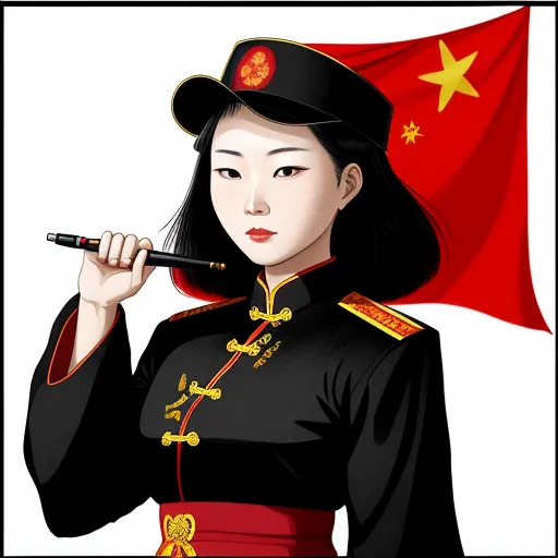 a woman in a uniform holding a pipe in her hand and a flag in the background with a red star, by Hiromu Arakawa