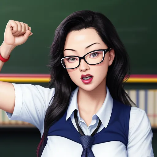 a woman with glasses and a tie is raising her fist up in front of a chalkboard with books, by Lois van Baarle