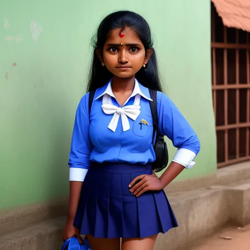 a girl in a blue shirt and a blue skirt is standing in front of a green wall with a blue purse, by Alec Soth