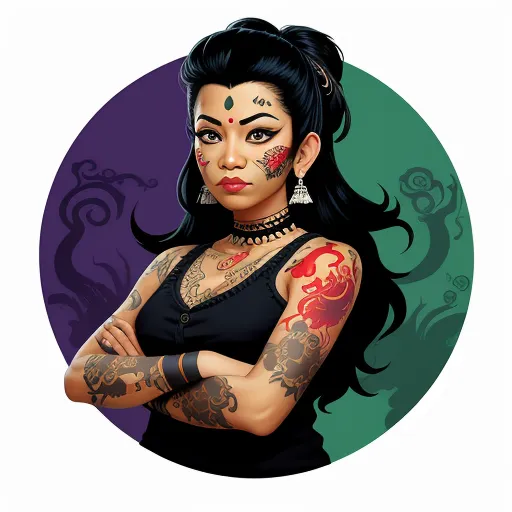 images high resolution - a woman with tattoos and piercings on her face and arms, with her arms crossed, in a circle, by Lois van Baarle