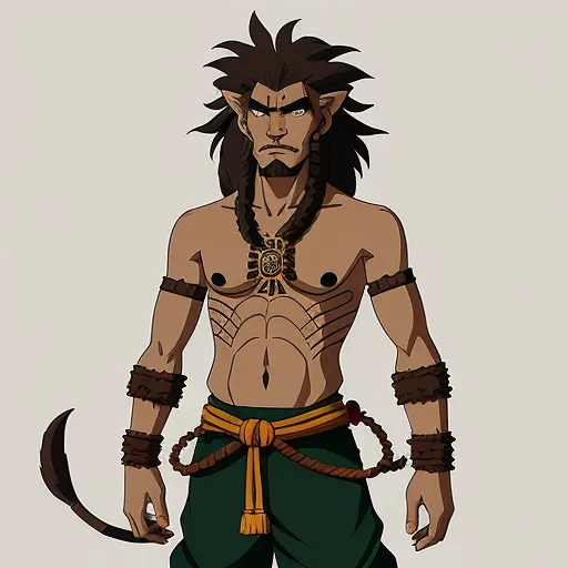a cartoon of a man with a beard and a beard ring around his neck and a tail, with a sword in his hand, by Toei Animations