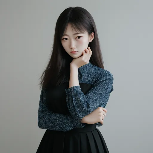 a woman with long hair posing for a picture with her hand on her chin and her hand on her chin, by Chen Daofu