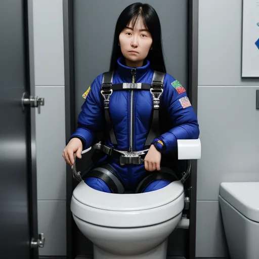 a woman in a space suit sitting on a toilet seat in a bathroom stall with a toilet seat up, by Terada Katsuya