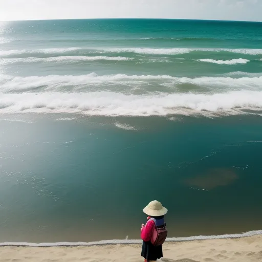 best photo ai enhancer - a person standing on a beach looking at the ocean and waves in the water, with a hat on, by Elizabeth Gadd