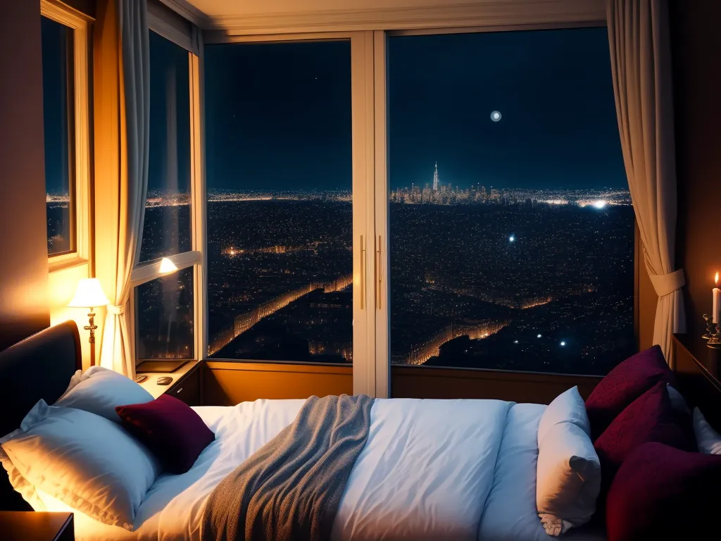 high res images: luxury bedroom. night time, view of the city out