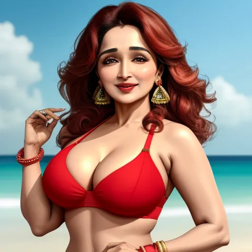 best ai image app - a woman in a red bikini posing for a picture on the beach with a cigarette in her hand and a blue sky in the background, by Toei Animations