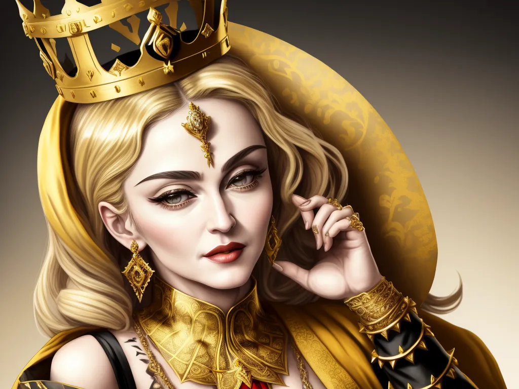 pixel to inches conversion - a woman in a golden crown and dress with a red dress on her chest and a gold crown on her head, by Hsiao-Ron Cheng