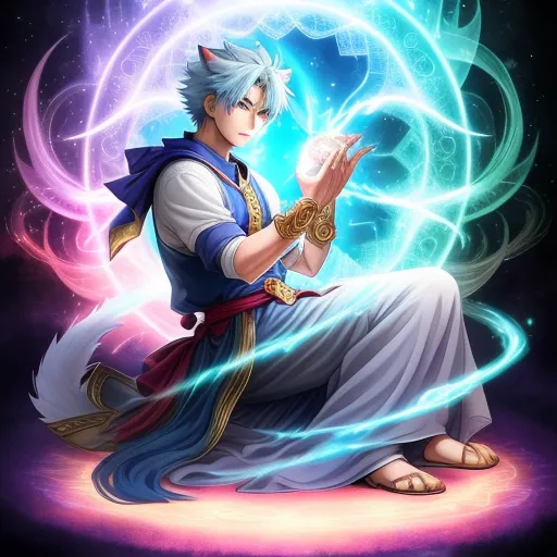 a man sitting on the ground with a cat on his lap and a glowing orb in the background, with a blue and white hair, by Baiōken Eishun