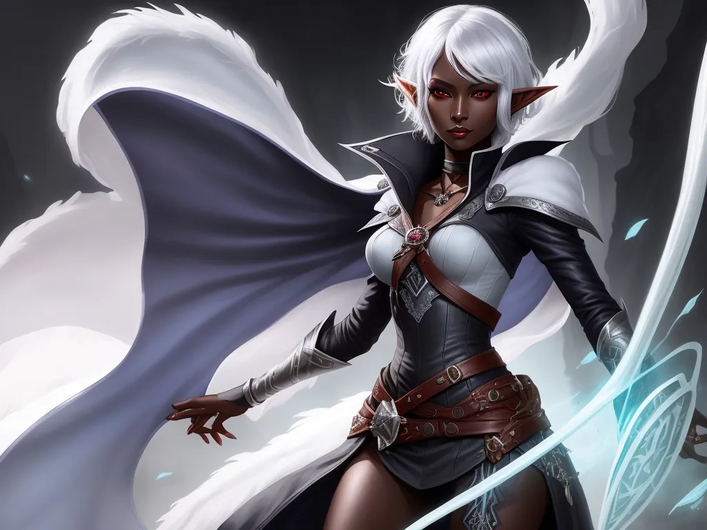 free ai image generator from text - a woman with white hair and a sword in her hand and wings around her shoulders, standing in front of a dark background, by Daniela Uhlig