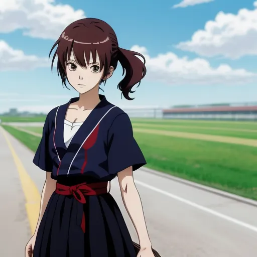 a girl in a dress is walking down the road with a suitcase in her hand and a suitcase in her hand, by Toei Animations