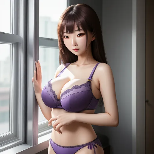 1080p to 4k converter - a woman in a purple bra and panties poses by a window with her hand on her hips and her hand on her hip, by Terada Katsuya