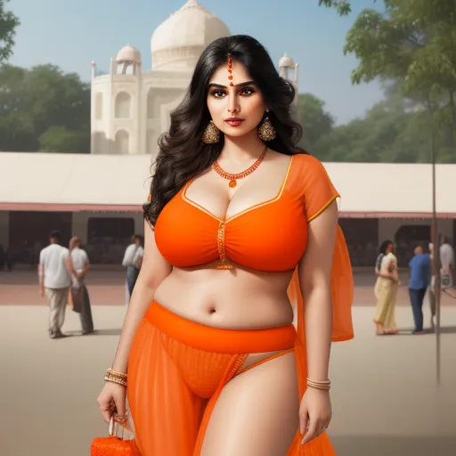 ai text to image generator - a woman in a bikini and orange outfit is walking in a courtyard with people around her and a white building in the background, by Hendrik van Steenwijk I