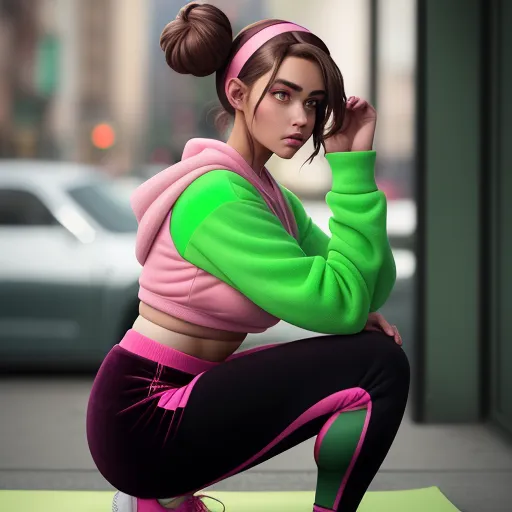a woman in a green and pink top squatting on a green mat with a pink headband on, by Lois van Baarle