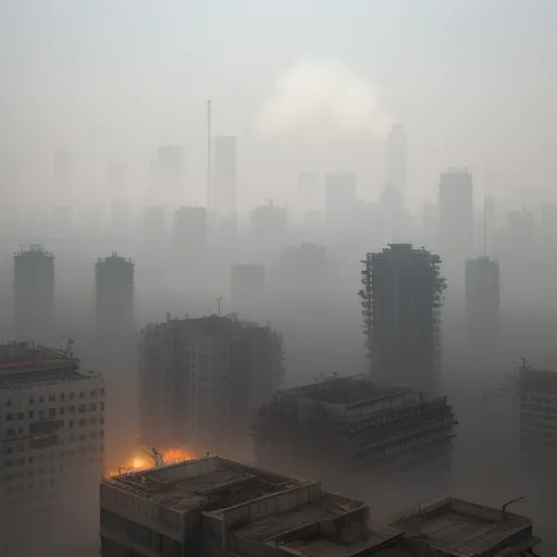 ai generated images from text - a city skyline covered in fog and smoggy skies with buildings in the foreground and a light in the foreground, by Andy Fairhurst