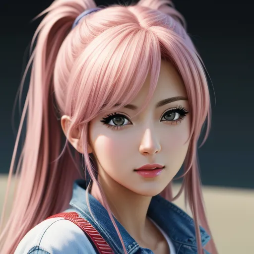 make image hd free - a close up of a doll with pink hair and a blue shirt on a black background with a red and white stripe, by Akira Toriyama