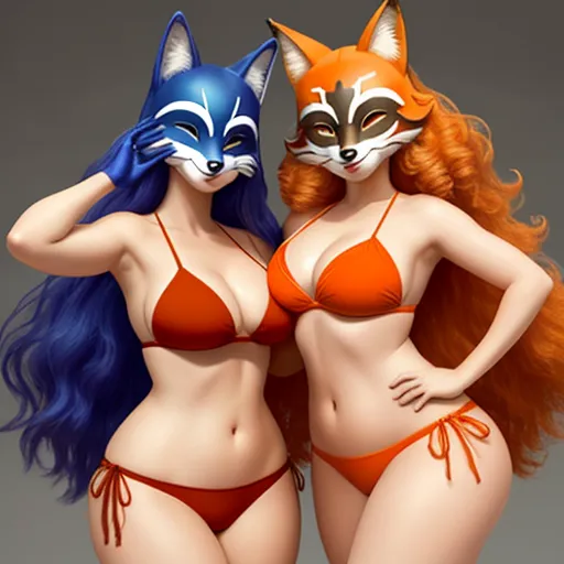 two women in bikinis with cats on their heads and one wearing a fox mask and the other wearing a fox mask, by Terada Katsuya